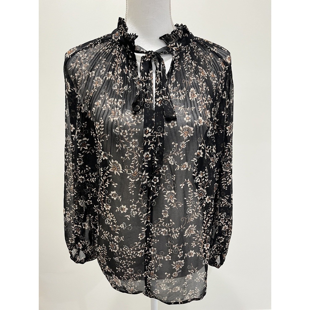 Meadow Rue Anthropologie Black Sz M Floral High Tie Neck Balloon Sleeve‎ Top